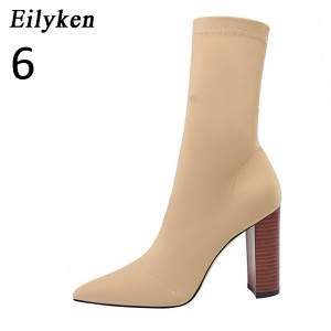 Eilyken Comfort Stretch Women Sock Boots Square High Heel Ankle Boots Fashion Pointed Toe Fall Stretch Shoes Black Big Size 2020